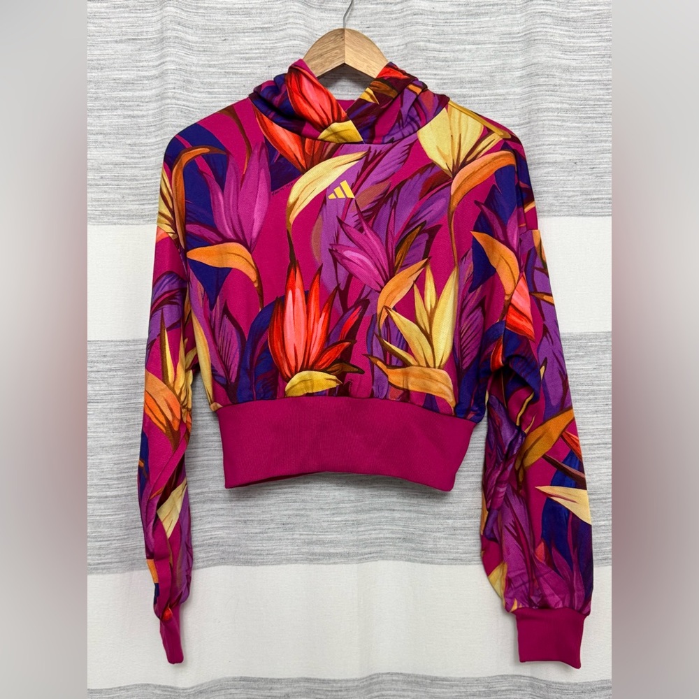 Adidas x Farm Rio Wmns Crop Top Hoodie Bold Pink/Spring Yellow Sz: Various ~ NWT - Picture 2 of 12